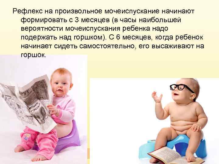 Рефлекс на произвольное мочеиспускание начинают формировать с 3 месяцев (в часы наибольшей вероятности мочеиспускания