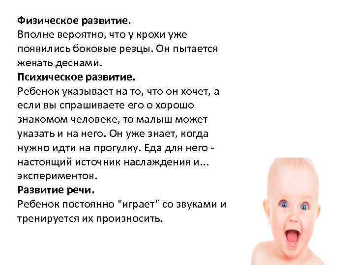 Физическое развитие. Вполне вероятно, что у крохи уже появились боковые резцы. Он пытается жевать