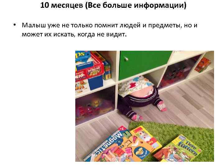 10 месяцев (Все больше информации) • Малыш уже не только помнит людей и предметы,