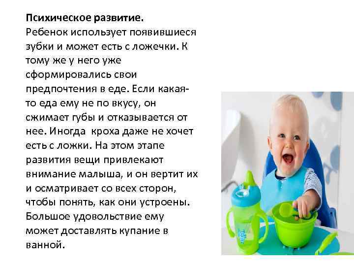 Психическое развитие. Ребенок использует появившиеся зубки и может есть с ложечки. К тому же