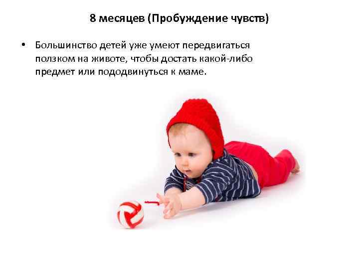 8 месяцев (Пробуждение чувств) • Большинство детей уже умеют передвигаться ползком на животе, чтобы