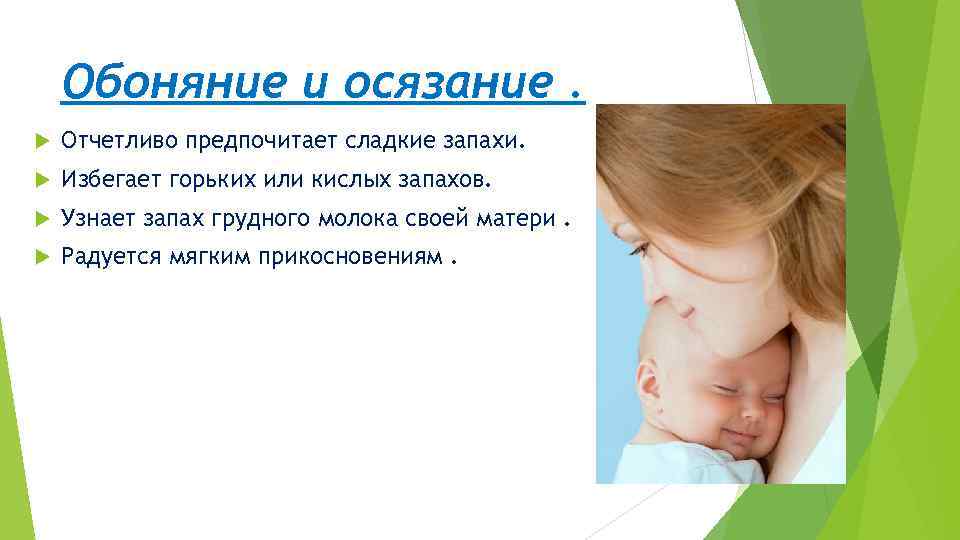 Обоняние и осязание. Отчетливо предпочитает сладкие запахи. Избегает горьких или кислых запахов. Узнает запах