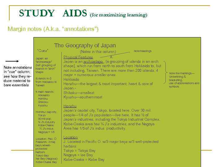 STUDY AIDS (for maximizing learning) Margin notes (A. k. a. “annotations”) The Geography of