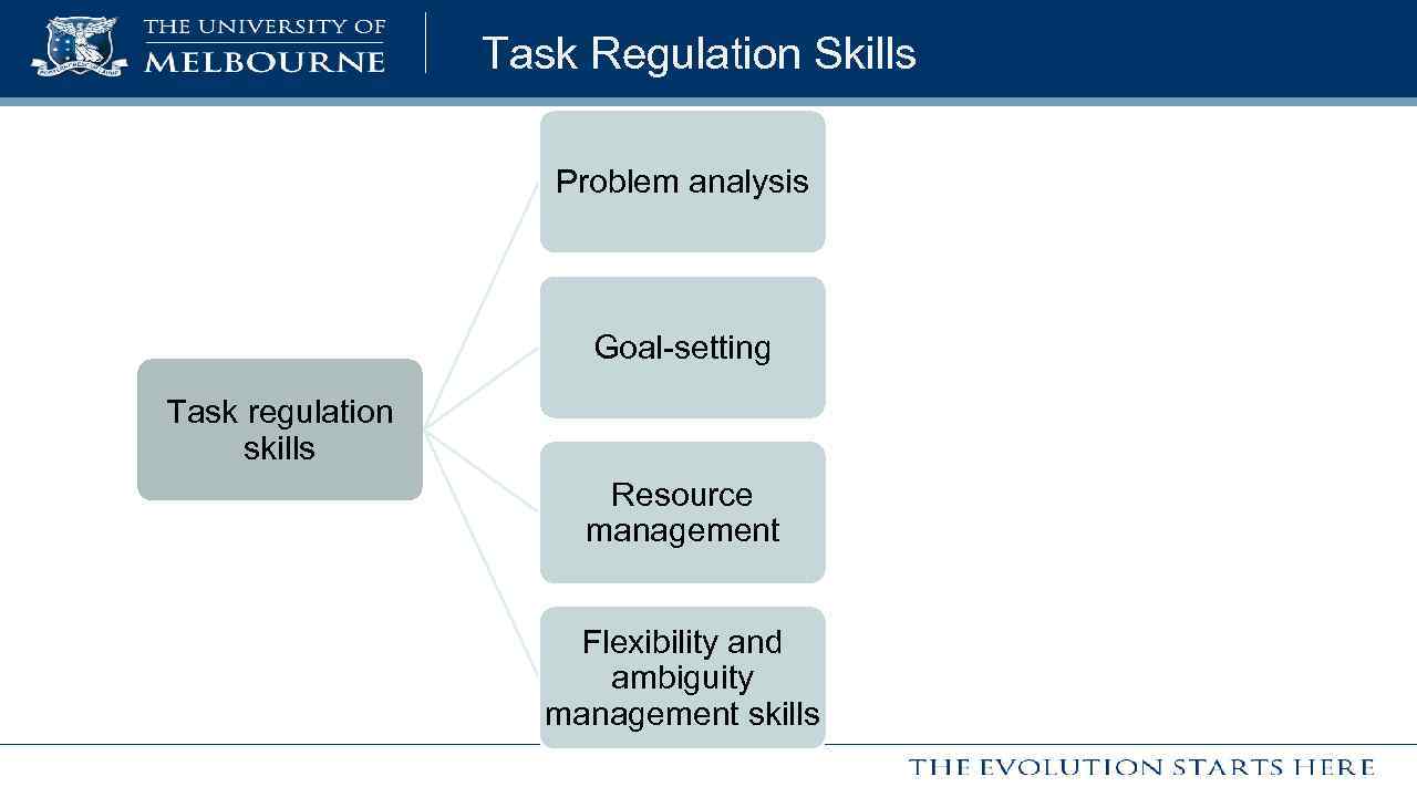 Task Regulation Skills Problem analysis Goal-setting Task regulation skills Resource management Flexibility and ambiguity