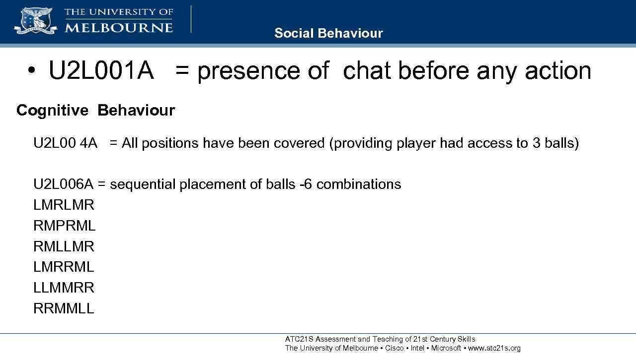 Social Behaviour • U 2 L 001 A = presence of chat before any