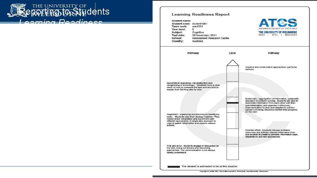 Reporting to Students Learning Readiness Real time reports will be available, based on empirically