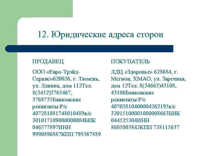 12. Юридические адреса сторон ПРОДАВЕЦ ПОКУПАТЕЛЬ ООО «Евро-Трэйд. Сервис» 620026, г. Тюмень, ул. Ленина,