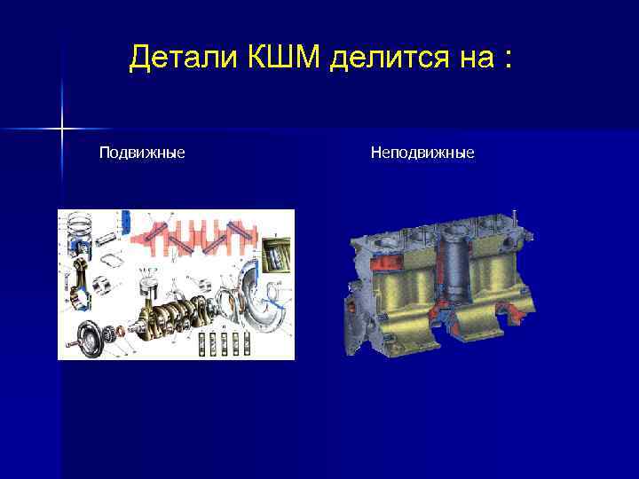Детали КШМ делится на : Подвижные Неподвижные 