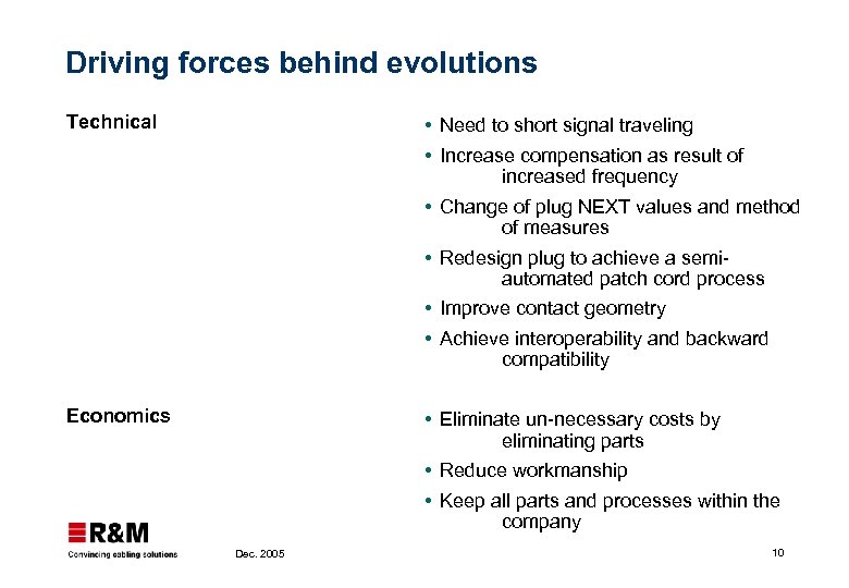 Driving forces behind evolutions Technical Need to short signal traveling Increase compensation as result