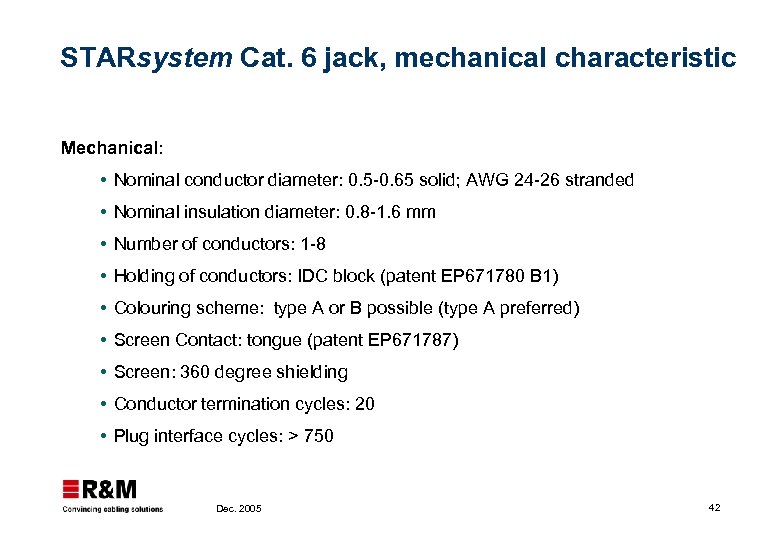 STARsystem Cat. 6 jack, mechanical characteristic Mechanical: Nominal conductor diameter: 0. 5 -0. 65