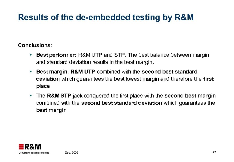 Results of the de-embedded testing by R&M Conclusions: Best performer: R&M UTP and STP.