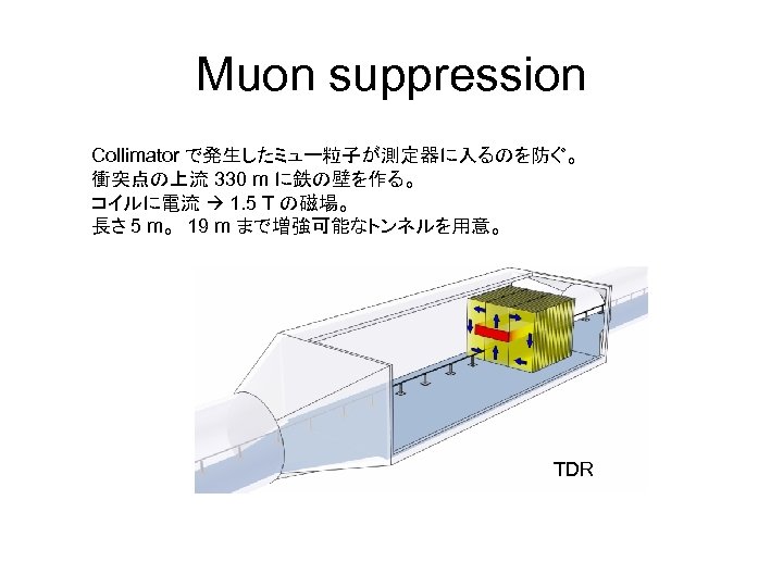 Muon suppression Collimator で発生したミュー粒子が測定器に入るのを防ぐ。 衝突点の上流 330 m に鉄の壁を作る。 コイルに電流 1. 5 T の磁場。 長さ