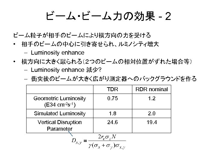 ビーム・ビーム力の効果 - 2 ビーム粒子が相手のビームにより横方向の力を受ける • 相手のビームの中心に引き寄せられ、ルミノシティ増大 – Luminosity enhance • 横方向に大きく蹴られる（２つのビームの相対位置がずれた場合等） – Luminosity enhance