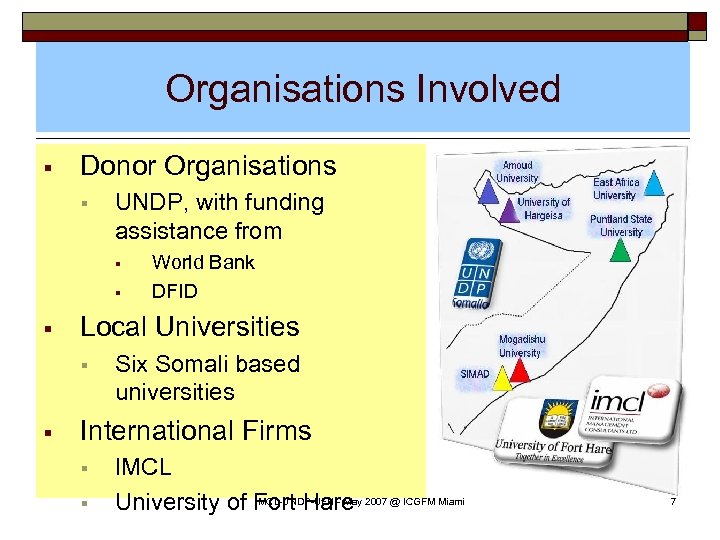 Organisations Involved § Donor Organisations § UNDP, with funding assistance from § § §