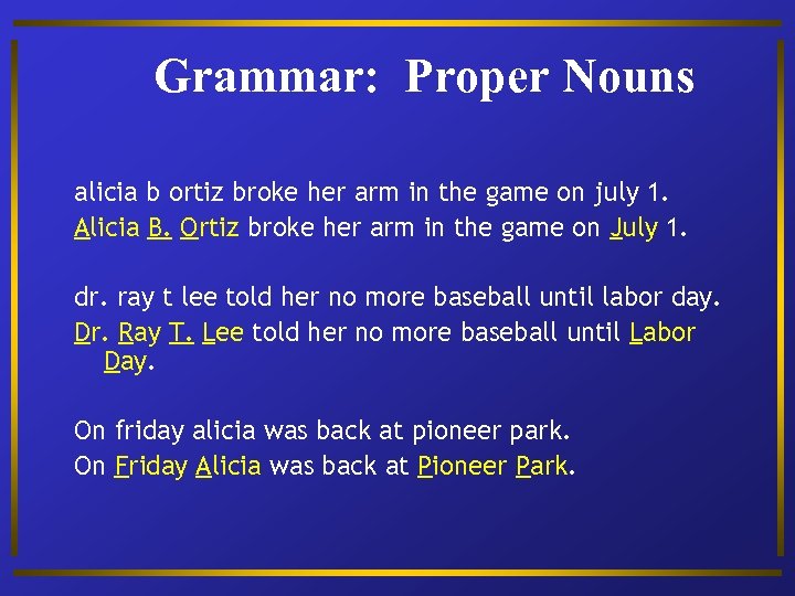 Grammar: Proper Nouns alicia b ortiz broke her arm in the game on july