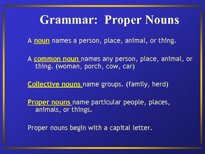 Grammar: Proper Nouns A noun names a person, place, animal, or thing. A common