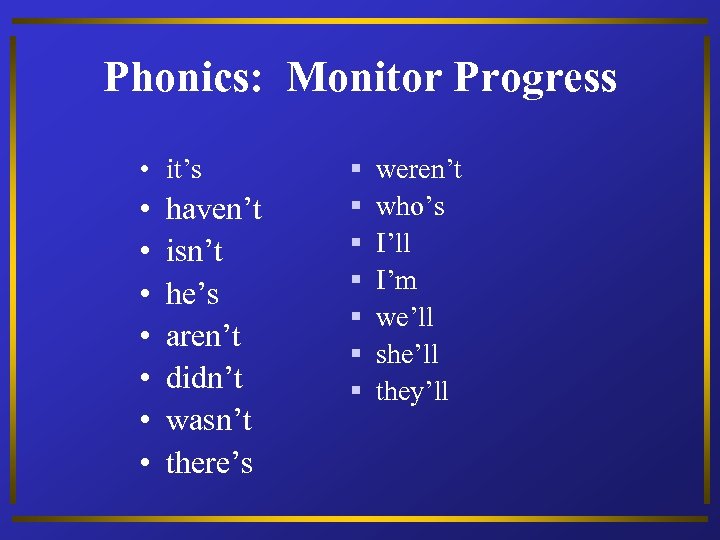 Phonics: Monitor Progress • it’s • • haven’t isn’t he’s aren’t didn’t wasn’t there’s