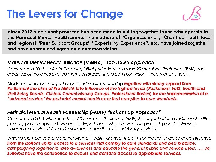 The Levers for Change Since 2012 significant progress has been made in pulling together