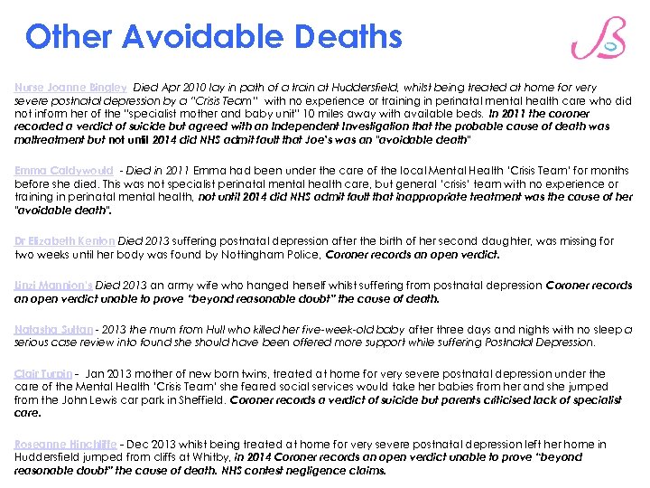 Other Avoidable Deaths Nurse Joanne Bingley Died Apr 2010 lay in path of a