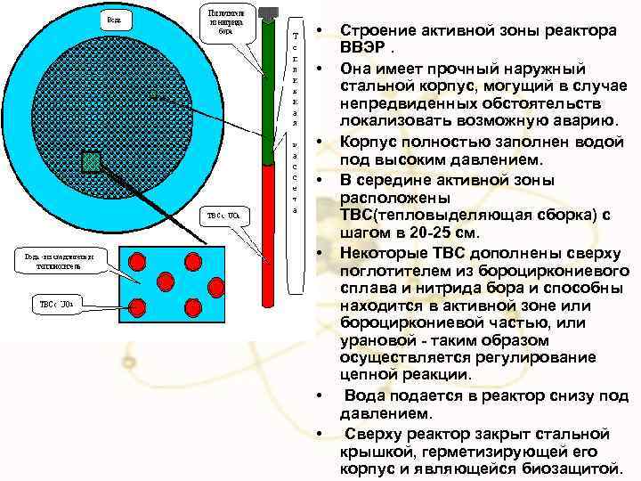  • • Строение активной зоны реактора ВВЭР. Она имеет прочный наружный стальной корпус,