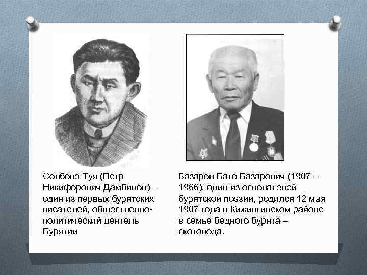 Солбонэ Туя (Петр Никифорович Дамбинов) – один из первых бурятских писателей, общественнополитический деятель Бурятии