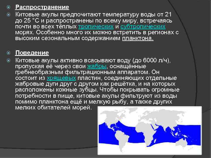  Распространение Китовые акулы предпочитают температуру воды от 21 до 25 °C и распространены