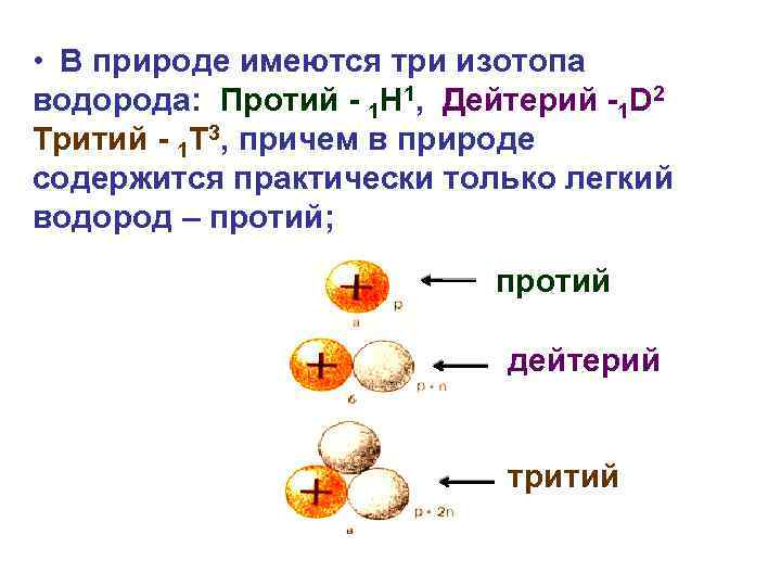  • В природе имеются три изотопа водорода: Протий - 1 Н 1, Дейтерий