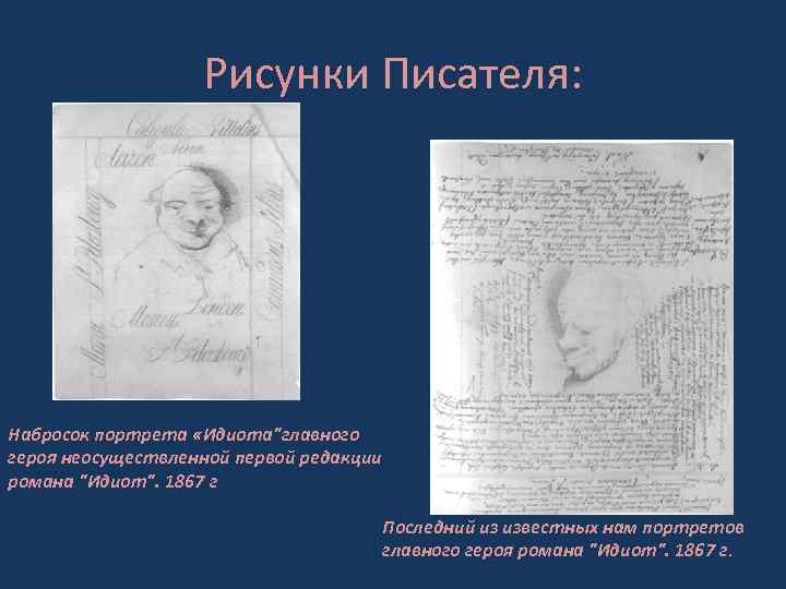 Рисунки Писателя: Набросок портрета «Идиота"главного героя неосуществленной первой редакции романа "Идиот". 1867 г Последний