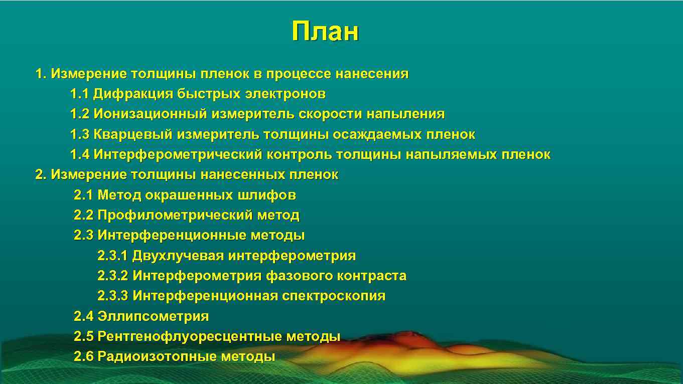 План 1. Измерение толщины пленок в процессе нанесения 1. 1 Дифракция быстрых электронов 1.