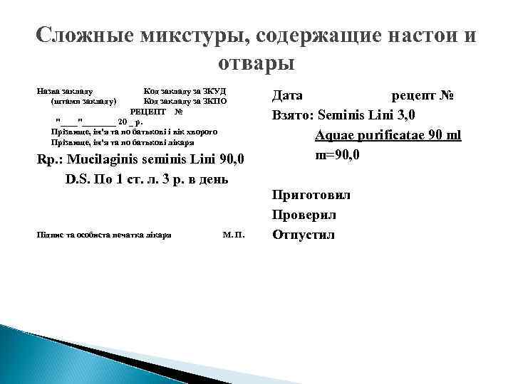 Сложные микстуры, содержащие настои и отвары Назва закладу Код закладу за ЗКУД (штамп закладу)