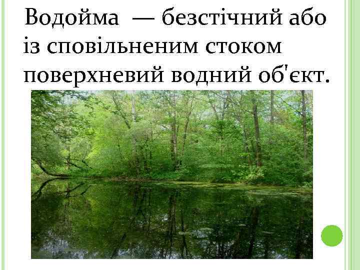  Водойма — безстічний або із сповільненим стоком поверхневий водний об'єкт. 