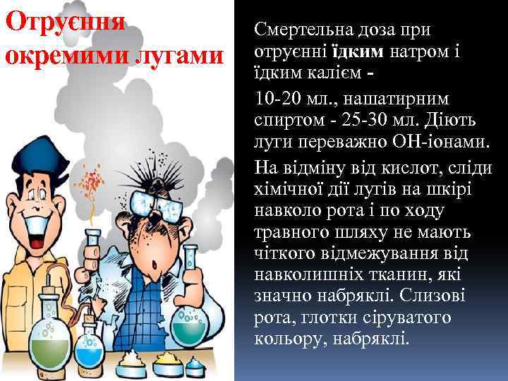 Отруєння окремими лугами Смертельна доза при отруєнні їдким натром і їдким калієм 10 -20