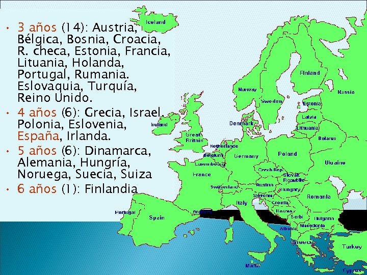  • 3 años (14): Austria, Bélgica, Bosnia, Croacia, R. checa, Estonia, Francia, Lituania,