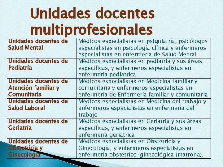 Unidades docentes multiprofesionales Unidades docentes de Salud Mental Unidades docentes de Pediatría Unidades docentes