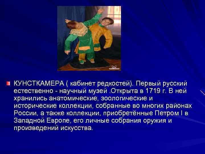 КУНСТКАМЕРА ( кабинет редкостей). Первый русский естественно - научный музей. Открыта в 1719 г.