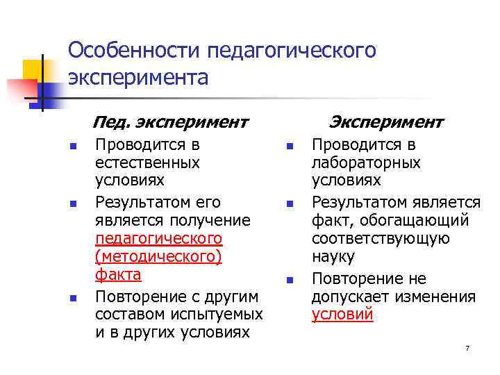 Особенности педагогического эксперимента Пед. эксперимент n n n Проводится в естественных условиях Результатом его