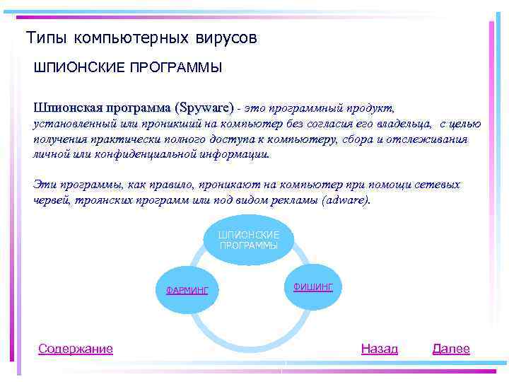 Типы компьютерных вирусов ШПИОНСКИЕ ПРОГРАММЫ Шпионская программа (Spyware) - это программный продукт, установленный или