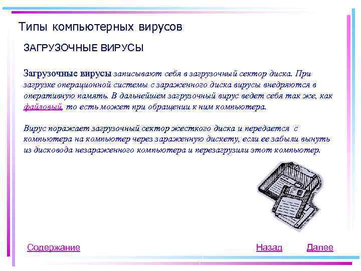 Типы компьютерных вирусов ЗАГРУЗОЧНЫЕ ВИРУСЫ Загрузочные вирусы записывают себя в загрузочный сектор диска. При