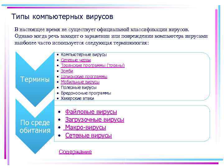 Типы компьютерных вирусов В настоящее время не существует официальной классификации вирусов. Однако когда речь