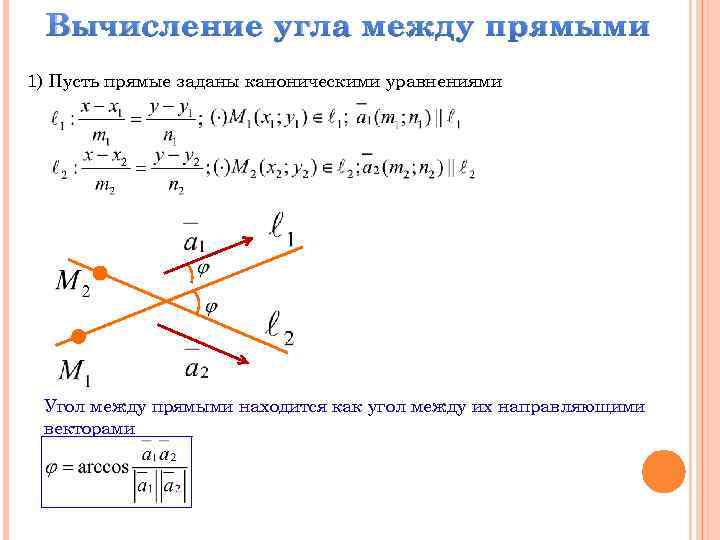Вычисление угла между прямыми 1) Пусть прямые заданы каноническими уравнениями Угол между прямыми находится