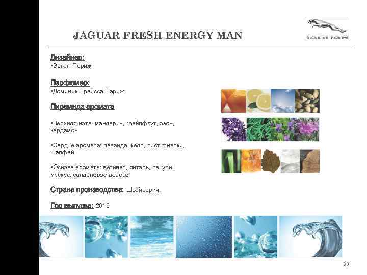 JAGUAR FRESH ENERGY MAN Дизайнер: • Эстет, Париж Парфюмер: • Доминик Прейсса, Париж Пирамида