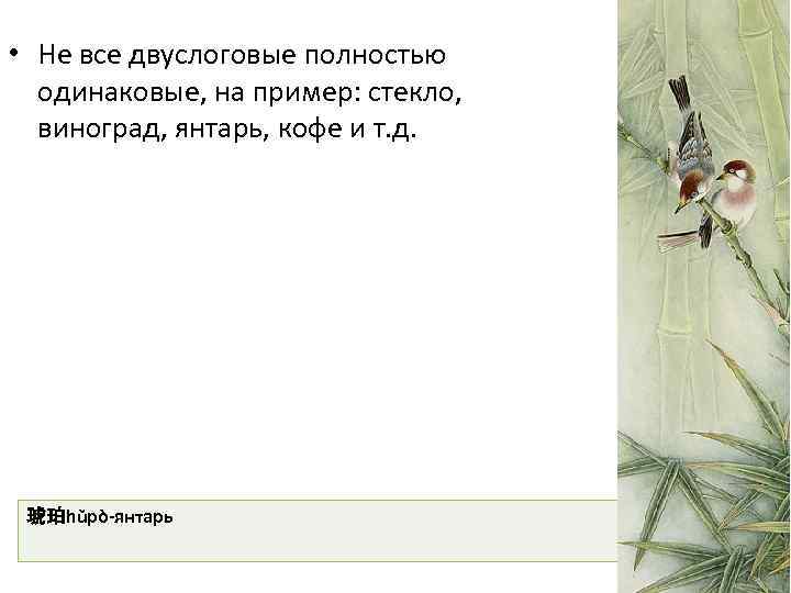 • Не все двуслоговые полностью одинаковые, на пример: стекло, виноград, янтарь, кофе и