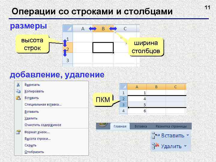 Операции со строками и столбцами размеры высота строк ширина столбцов добавление, удаление ПКМ 11