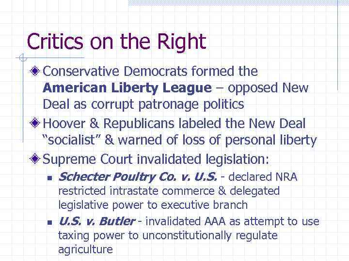 Critics on the Right Conservative Democrats formed the American Liberty League – opposed New