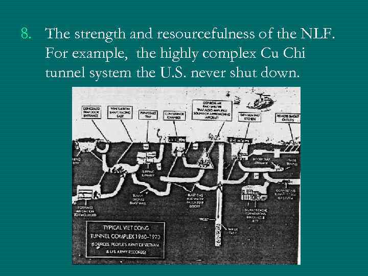 8. The strength and resourcefulness of the NLF. For example, the highly complex Cu