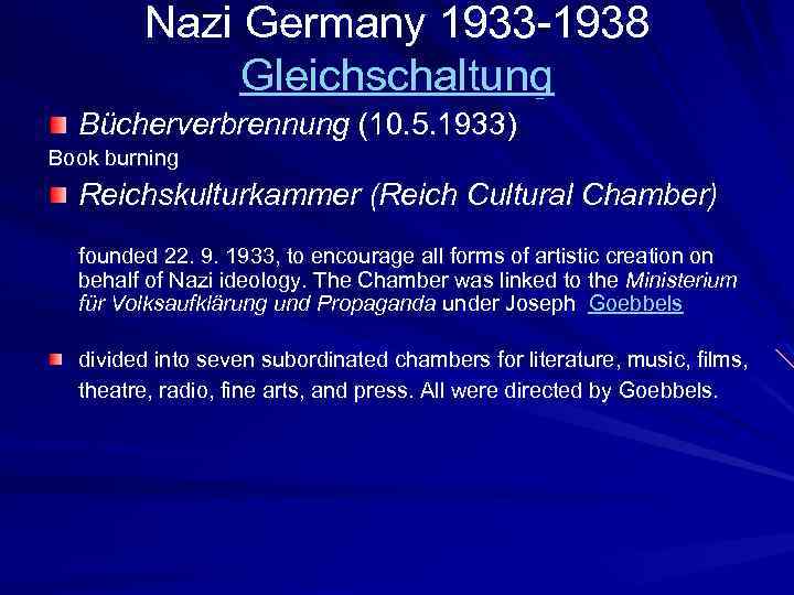 Nazi Germany 1933 -1938 Gleichschaltung Bücherverbrennung (10. 5. 1933) Book burning Reichskulturkammer (Reich Cultural