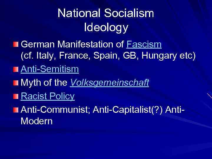National Socialism Ideology German Manifestation of Fascism (cf. Italy, France, Spain, GB, Hungary etc)