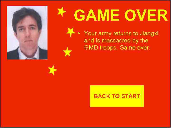 GAME OVER • Your army returns to Jiangxi and is massacred by the GMD