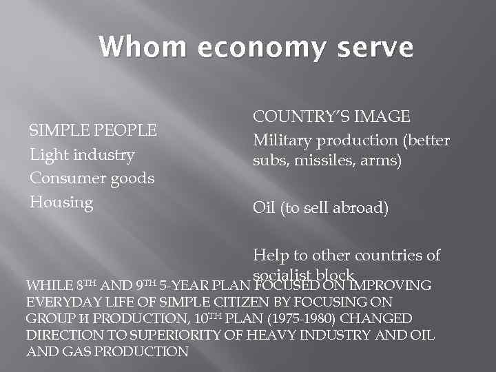 Whom economy serve SIMPLE PEOPLE Light industry Consumer goods Housing COUNTRY’S IMAGE Military production