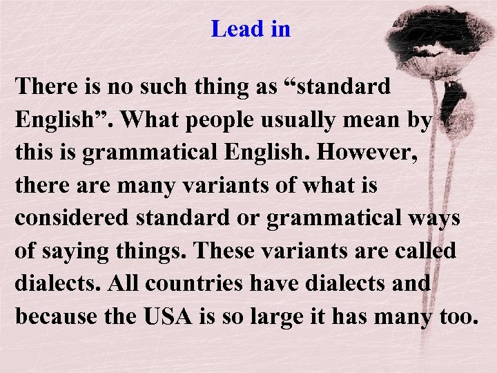 Lead in There is no such thing as “standard English”. What people usually mean